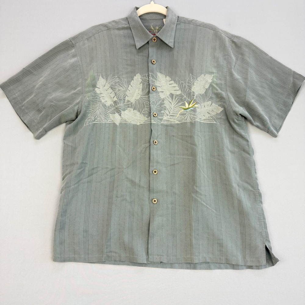 Bamboo Cay Embroidered Tropical Sage Green Men's Button Down Shirt M